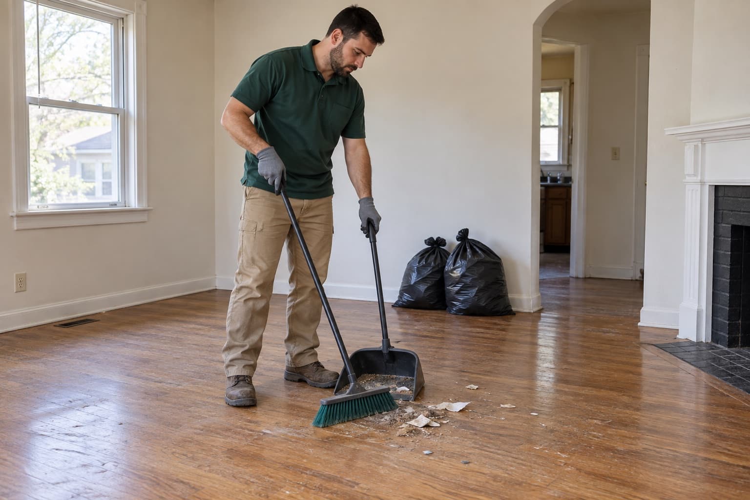 Cleanup professional sweeping debris into a dustpan in a vacant rental living room.